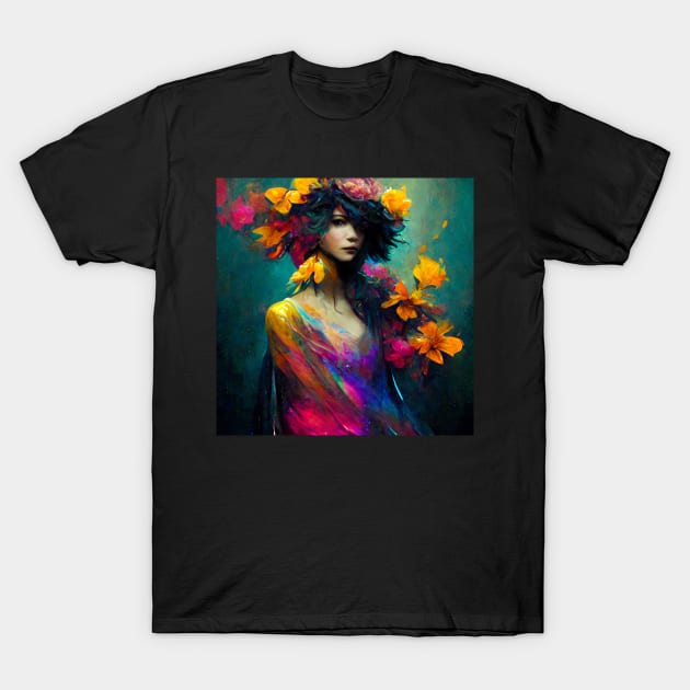 Girl with Colorful Flowers - best selling T-Shirt by bayamba